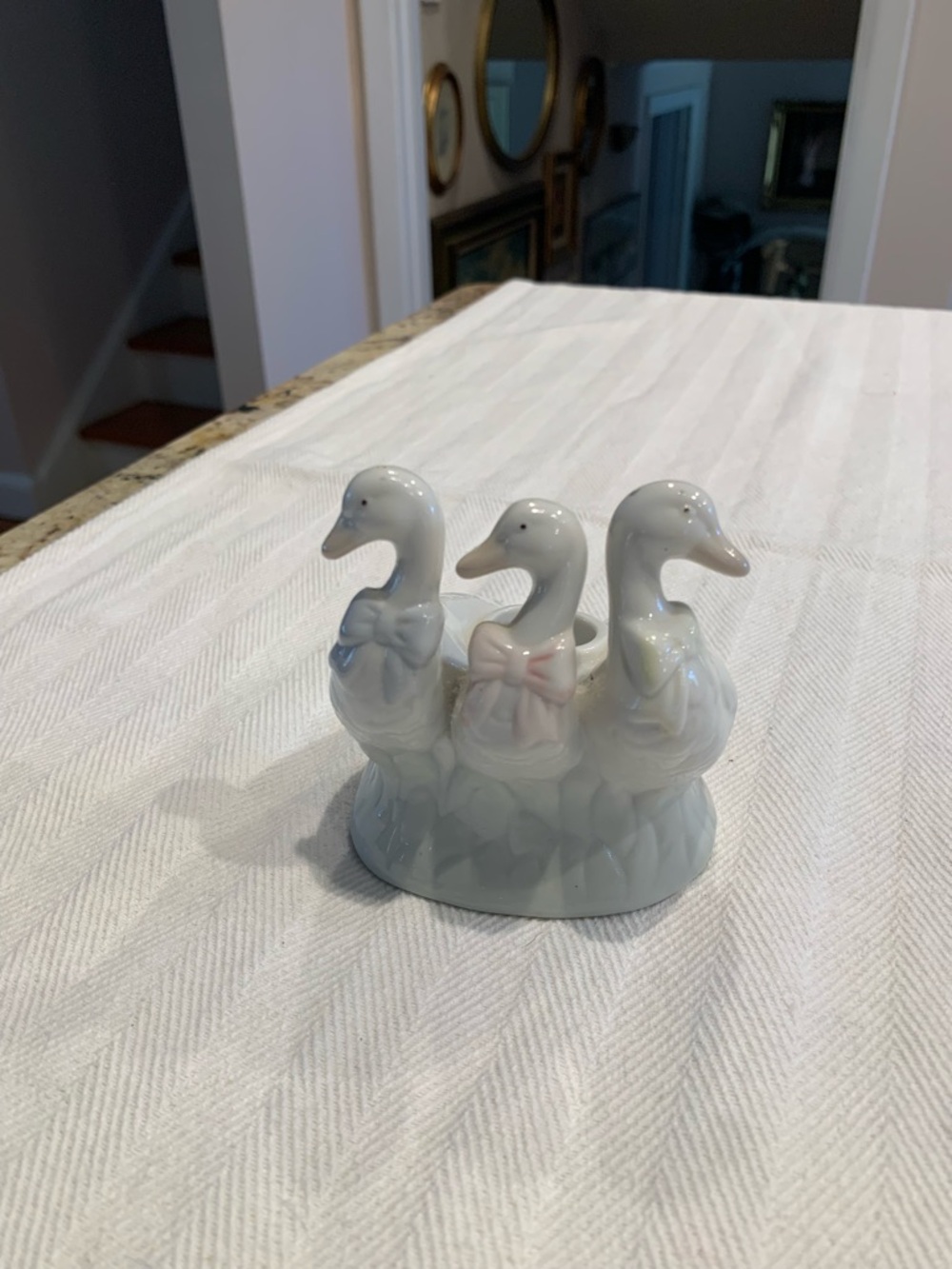 Porcelain Triple Duck Figurine candle holder with Pastel Bows